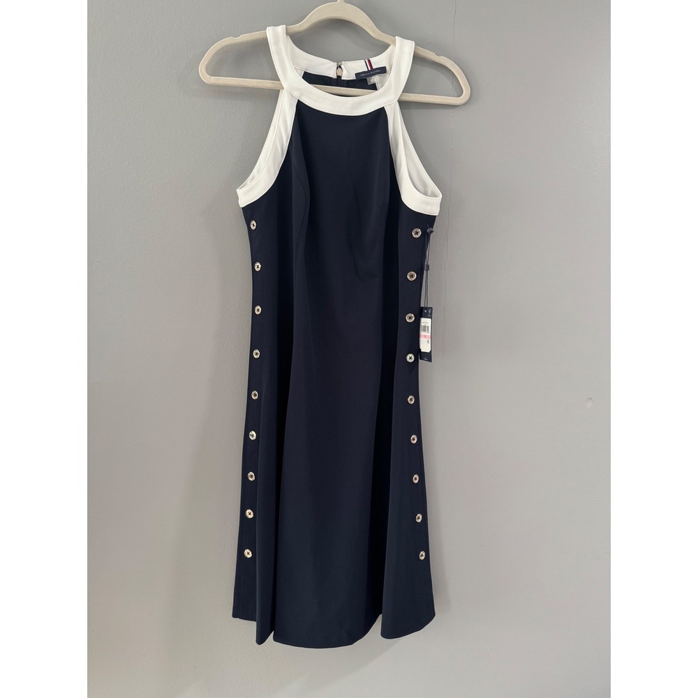 Tommy Hilfiger Navy and White Midi Dress with Grommet Detail